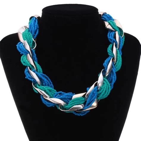 Bib weave small beads thick chain statement necklace costume jewelry ...
