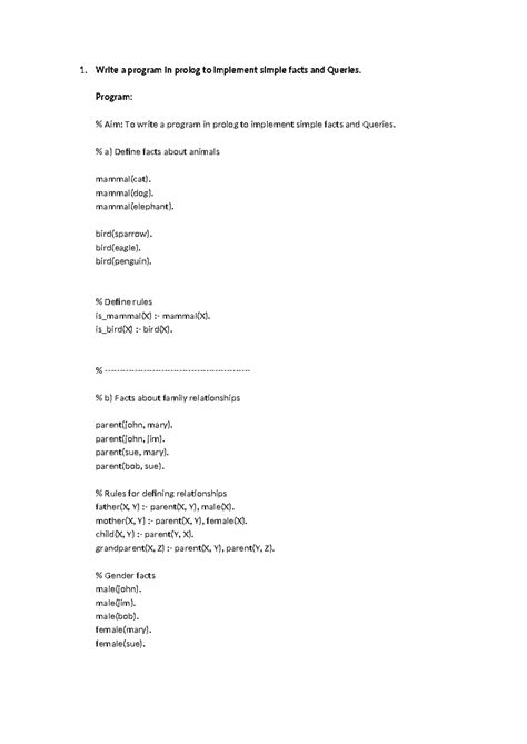 AI Lab Programs - Write a program in prolog to implement simple facts ...