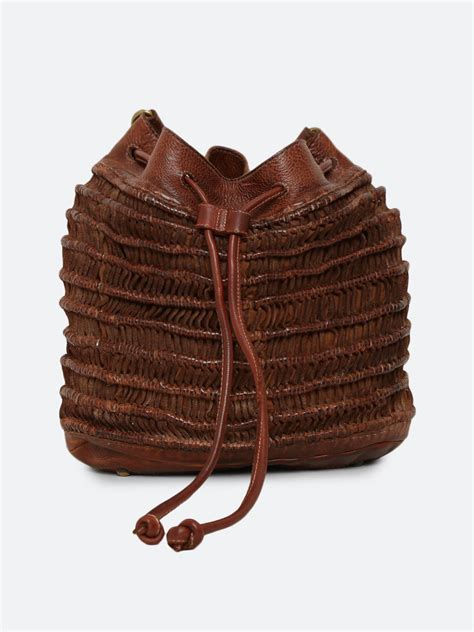 Meidl: Cognac leather macrame weaving bucket drawstring bag by Art N ...