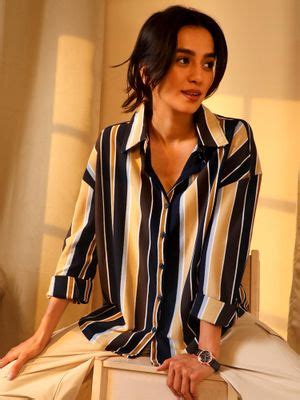 Buy PINACOLADA Women's Midnight Black Ochre Striped Boxy Shirt (S) Online