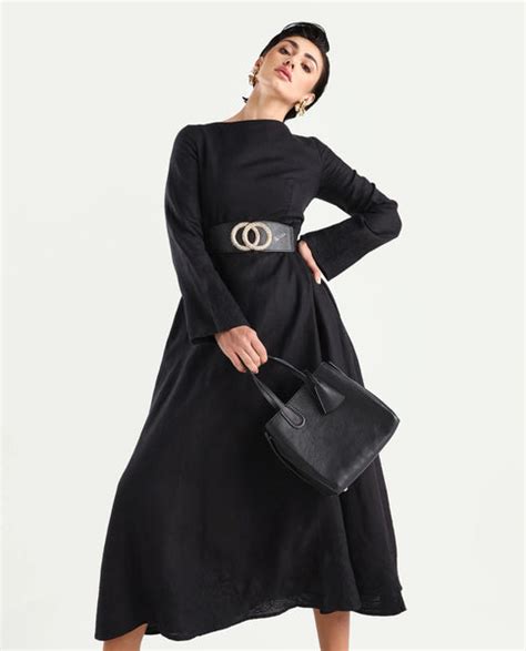 Rareism Women's Jander Black Linen Boat Neck Plain Maxi Fit And Flare