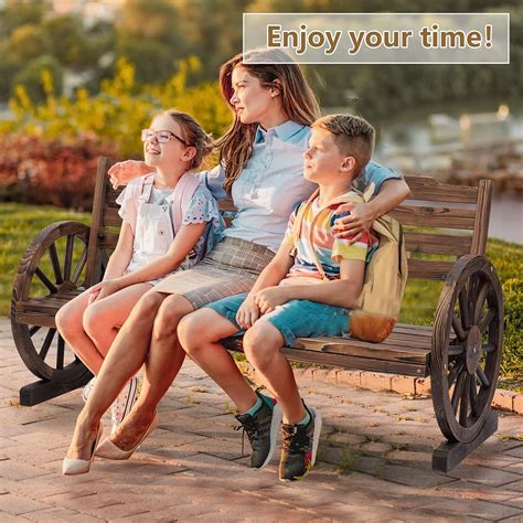 Buy Kinbor Wooden Rustic Wagon Wheel Bench, Outdoor Bench Seat, Patio 2 ...