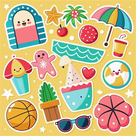 Summer fun beach stickers with cute characters | Premium Vector