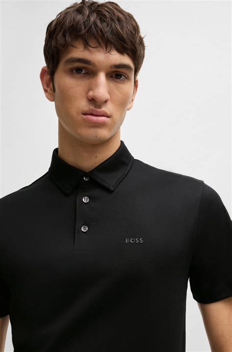 BOSS - Slim-fit polo shirt in cotton with rubberised logo - Black