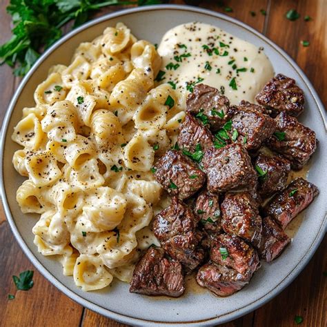 Recipes dream - Garlic Butter Steak Bites & Parmesan Alfredo Shells A delightful fusion of juicy ...