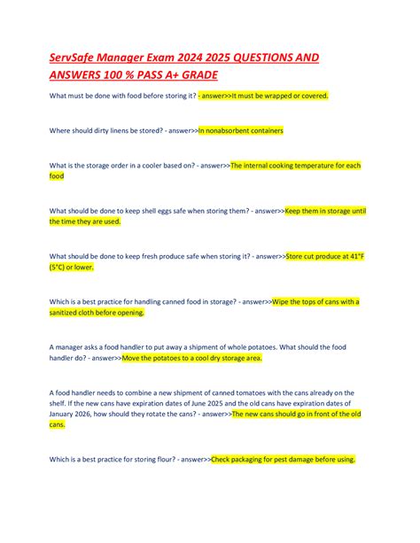 ServSafe Manager Exam 2024 2025 QUESTIONS AND ANSWERS 100 % PASS A+ ...