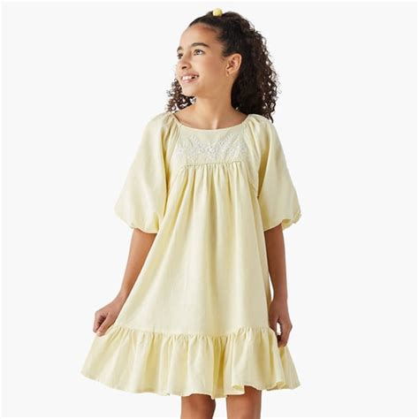 Juniors Eligo Floral Embroidered Tiered Dress with Volume Sleeves