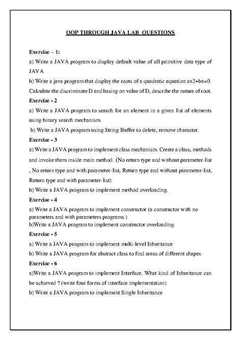 OOP Through JAVA LAB Questions - Exercises & Programs - Studocu