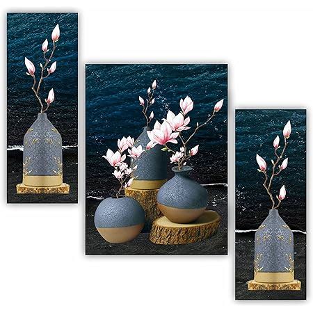 SAF Set of 3 Flower Pot UV Textured Paintings for living room with ...