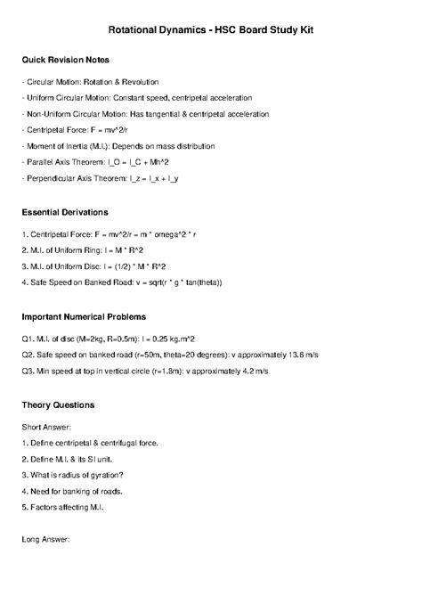 Rotational Dynamics HSC Study Kit: Quick Revision Notes - Studocu
