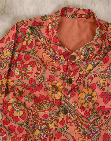 Traditional Indian Ancient Kalamkari Semi - Silk Kurta with Green Dhot ...