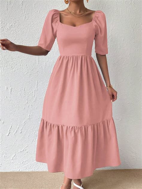 SHEIN Frenchy Sweetheart Neck Puff Sleeve Ruffle Hem Dress | SHEIN USA