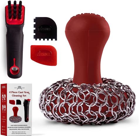 Cuisinel 4-Pc Cast Iron Cleaning Kit Chain Mail Grill Scrubber, Pan ...