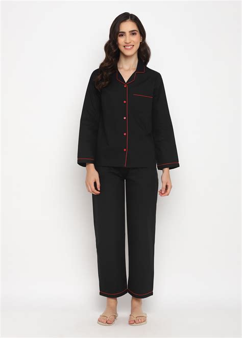 Black Cotton Poplin with Red Piping Women's Night Suit – Shopbloom