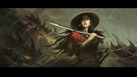 Download wallpaper rain, dragon, earrings, Asian, katana, dark hair ...