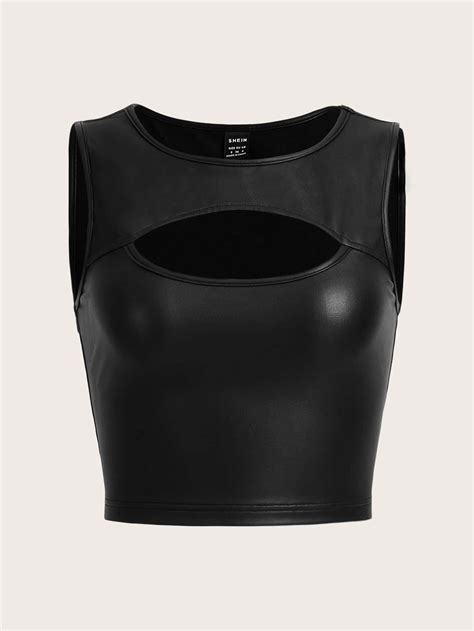 SHEIN ICON Cut Out Front Crop PU Leather Tank Top | SHEIN USA