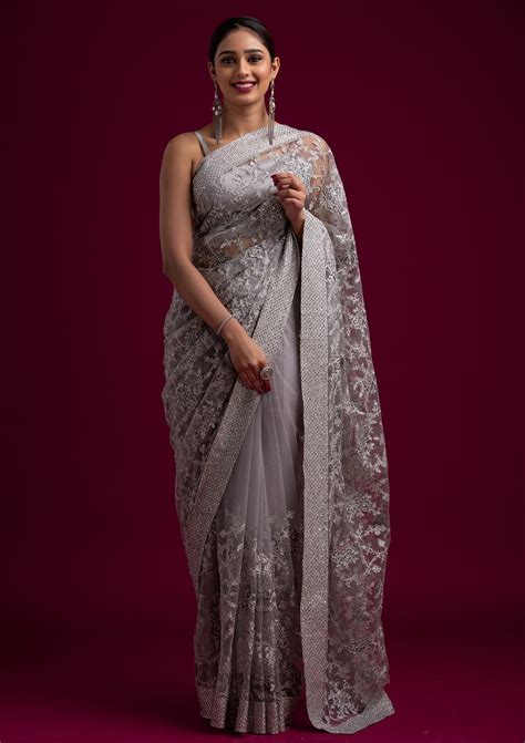 Buy Light Grey Zariwork Net Designer Saree - Koskii