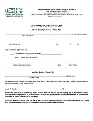 Fillable Online gmha continued occupancy form - Greene Metropolitan ...