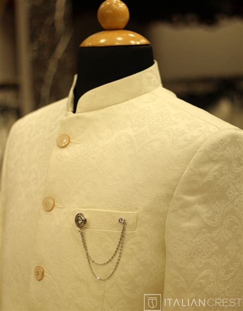 Italian Crest Men's Cream Textured Bandhgala/Jodhpuri Suit