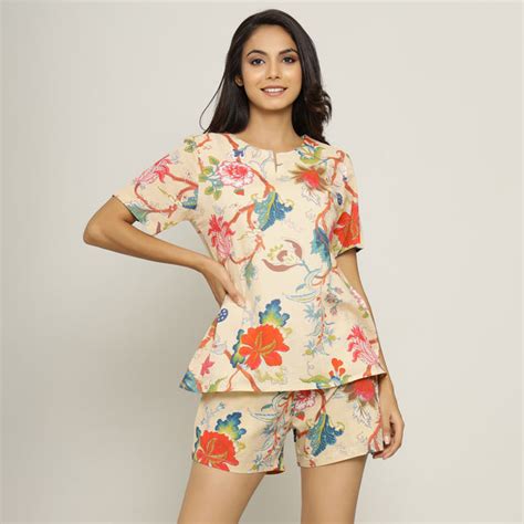 Beige Cotton Printed Night Suit Set – Sanskruti Homes