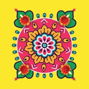 four diya decorated rangoli Paper Print - Religious posters in India ...