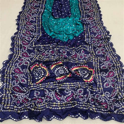 Mustard & Blue Bandhani Printed Chiffon Saree With Mirror Border