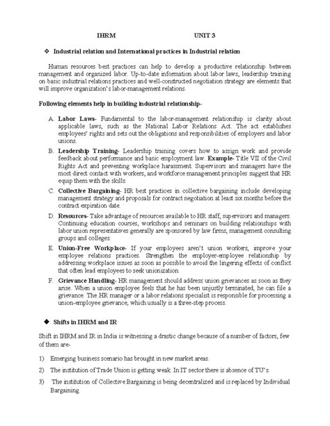 KMBN HR 05 UNIT 3 - IHRM UNIT 3 Industrial relation and International ...
