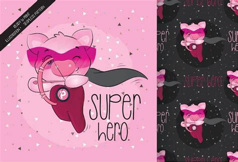 Cute little pig hero character with pink arrow and seamless pattern ...