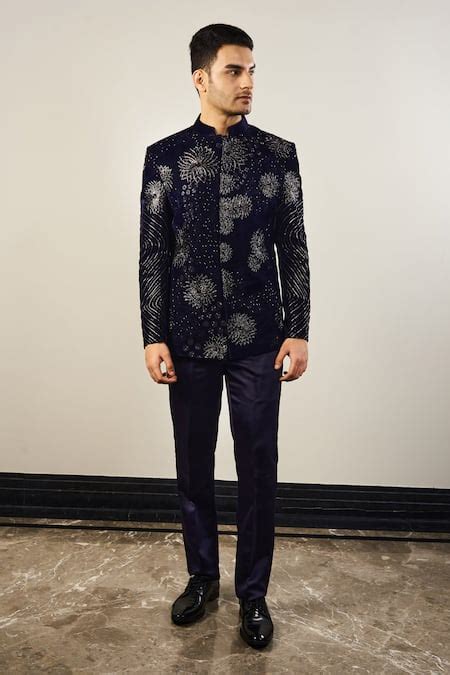 Buy Blue Silk, Velvet, Satin Cut Work, Embroidery Cutdana Bandhgala Set ...