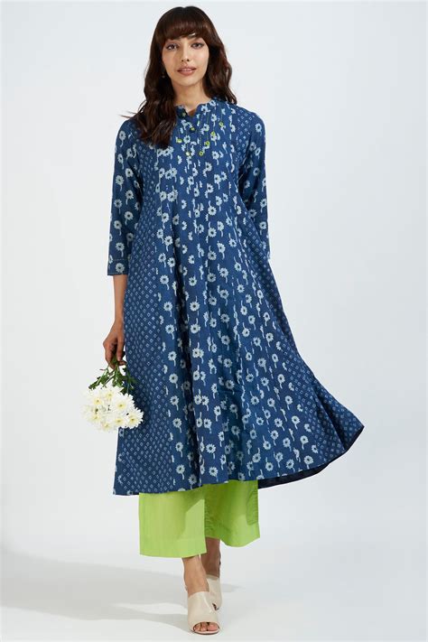 stand collar pintuck yoke anarkali - sapphire poppy & chartreuse zing ...