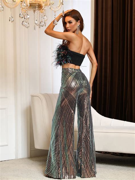 Sparkly 70s Disco Studio 54 Outfits Feather Sequin Jumpsuit 2 Piece ...