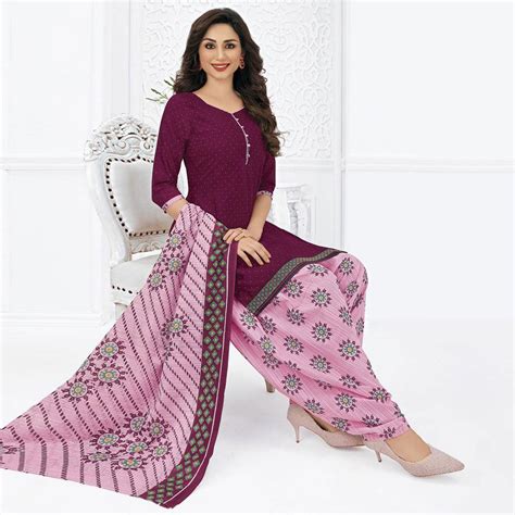 Purple Printed Pure Cotton Stitched Patiala Suit