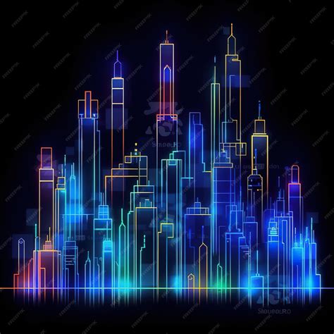 Metropolis line art vibrant neon colors black to majestic blue gradient ...