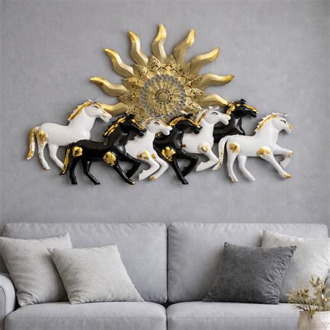 RSN Decorative 7 Running Horses Metal Wall Art with Sun & LED Light (38 ...