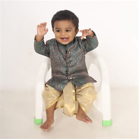 Steel blue with gold shade kurta dhoti ethnic wear for baby boy – Baby&Me