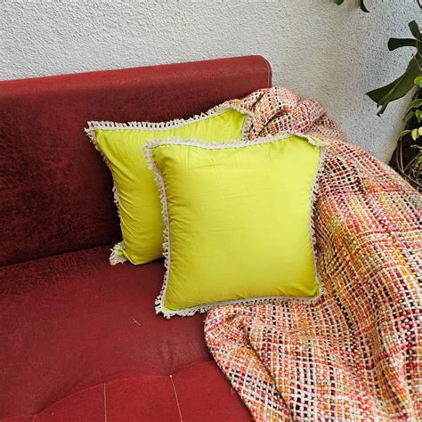 Pastel Green Handcrafted Cushion Cover With Off White Lace ...