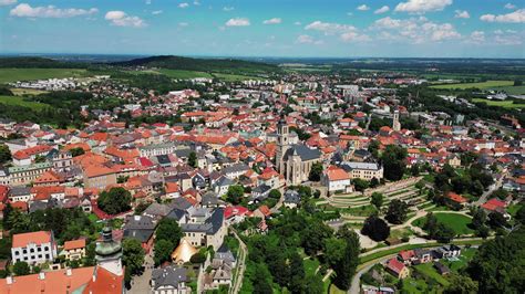 Aerial revealing view of St Barbara cathedral and chateau in Kutna Hora ...