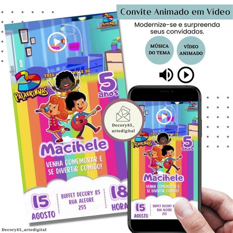 Convite em Vídeo 3 Palavrinhas Animado com Música Digital | Elo7