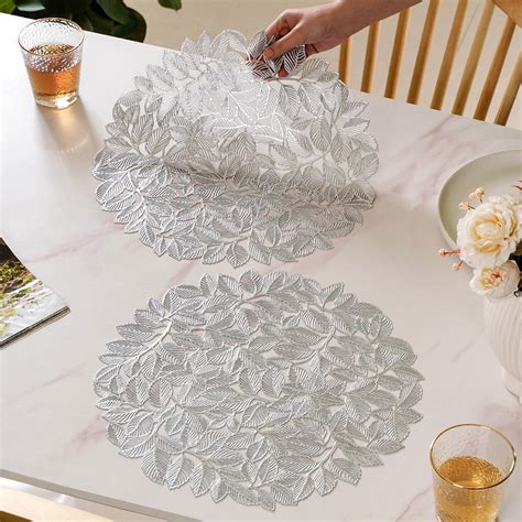 Round Silver Leaves Waterproof Placemat Set Of 6 Online - Premium Table ...