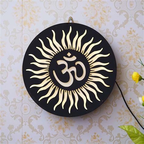 Sun and Om Symbol Wooden Cutout LED Light Lamp Decorative Wall Hanging ...