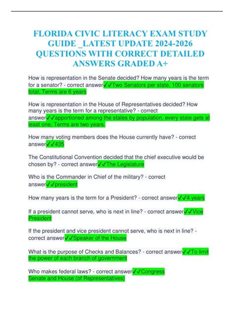 FLORIDA CIVIC LITERACY EXAM STUDY GUIDE _LATEST UPDATE QUESTIONS WITH ...