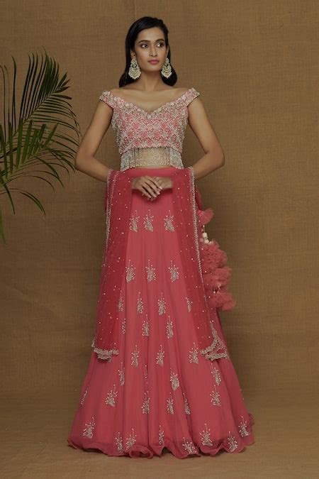 Buy Coral Bamboo, Georgette, Net Pearls, Cut Work, Embellished Lehenga ...