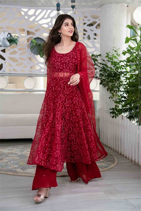 Buy Red Anarkali Kurta Suit Set With Palazzo and Dupatta