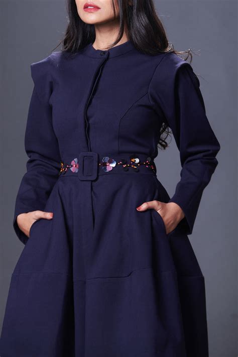 Deepika Arora - Navy Blue Jacket Dress With Hand Embroidered Belt - Elahe