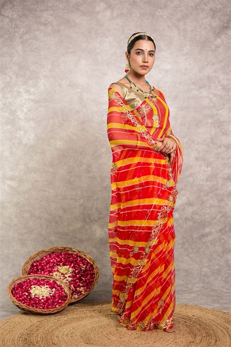 Orange pure georgette Lehariya Saree – YUVTI by Bhupendra Singh