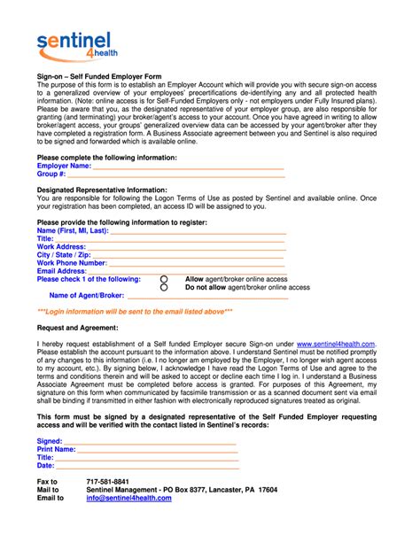 Fillable Online Sign-on Self Funded Employer Form - Sentinel4health Fax ...