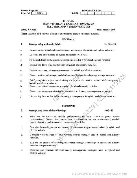 Btech ee 6 sem electric and hybrid vehicles kee 064 2023 - QP23EP1 ...
