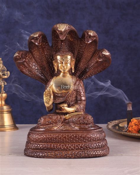 Pure Brass Blessing Buddha Idol under Serpent Muchalinda 8" dual tone ...