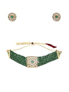 ZAVERI PEARLS Green Crystal Beads & Kundan Choker Necklace & Earring ...