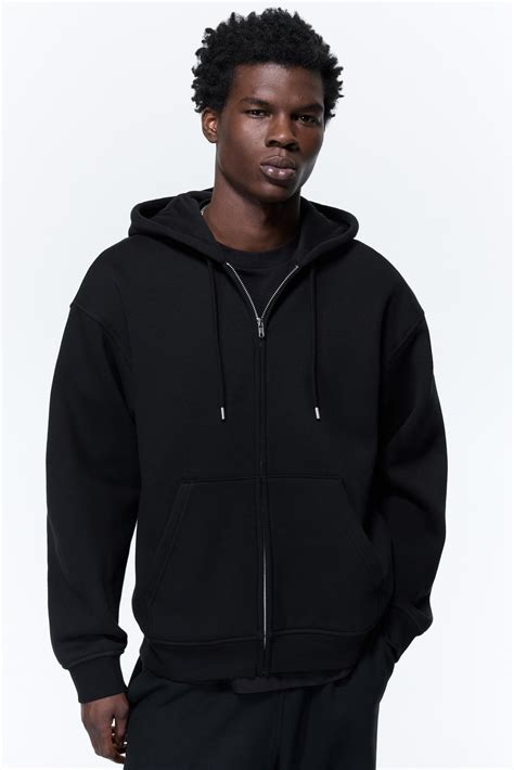 Men’s Black Loose Fit Zip-through hoodie | H&M IN